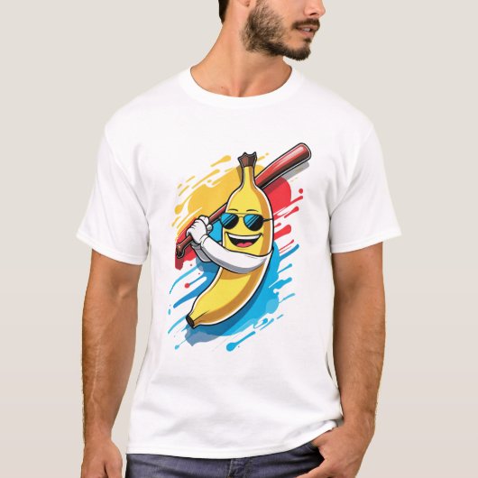 Funny Banana Swinging Baseball Funny Drip Mascot T-Shirt (Vorderseite)