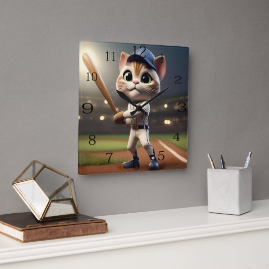 Funny Baseball Cat Quadratische Wanduhr (Büro)