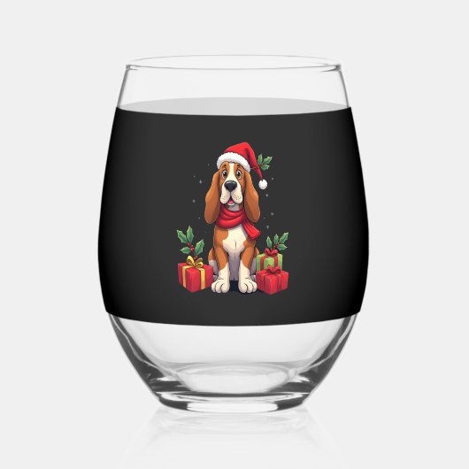 Funny Basset Hound Dog Christmas Outfits Santa Hat Weinglas Ohne Stiel (Vorderseite)