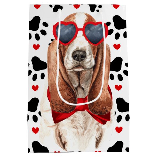 Funny Basset Hound Hund Liebe Rotes Herz und Pfote Mittlere Geschenktüte (Rückseite)