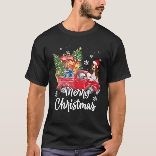 Funny Basset Hound Ride Red Truck Frohe Weihnachte T-Shirt (Vorderseite)