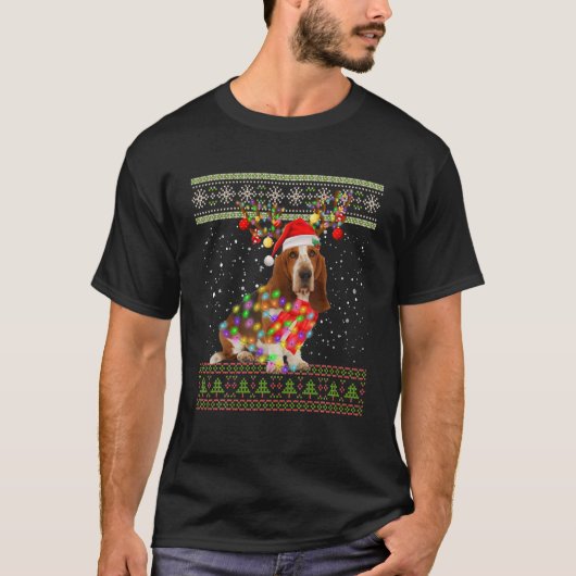 Funny Basset Hound Ugly Christmas Lights Sweater M T-Shirt (Vorderseite)