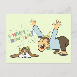 Funny Basset und Man feiern den New Years Cartoon Postkarte