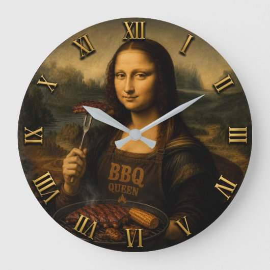 Funny BBQ Mona Lisa Große Wanduhr (Vorderseite)
