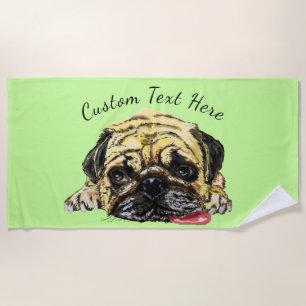 Funny Beach Handtuch mit Mops Dog und Custom Text