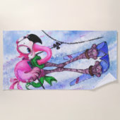 Funny Beach Handtuch mit rosa Flamingo Skier (Vorderseite)