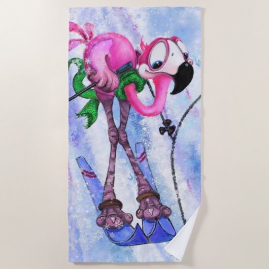 Funny Beach Handtuch mit rosa Flamingo Skier (Vorderseite)