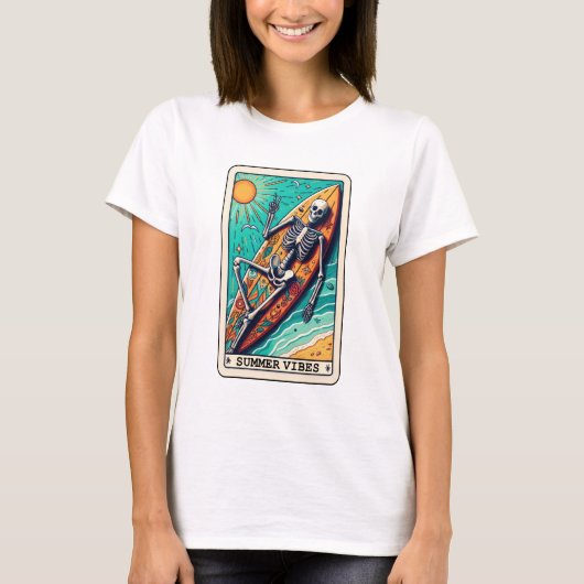Funny Beach Summer Vibes Surfboard Skeletton Tarot T-Shirt (Vorderseite)
