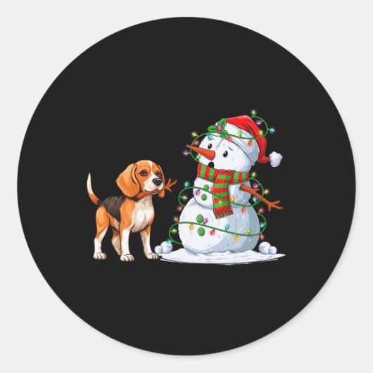 Funny Beagle Dog Snowman Weihnachtsbaum Lichter Xm Runder Aufkleber (Vorderseite)