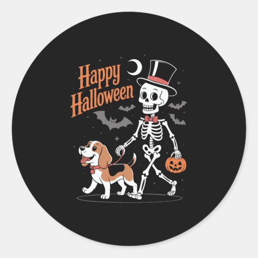 Funny Beagle Skeleton Dog Walking Runder Aufkleber (Vorderseite)