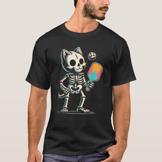 Funny Beängstigend Pickleball Cat Skeletton Playin T-Shirt (Vorderseite)