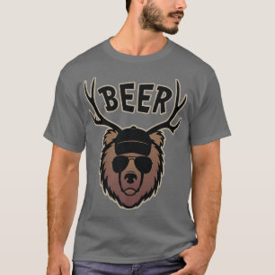 Funny Bear with Deer Antlers Beer Graphic Premium T-Shirt