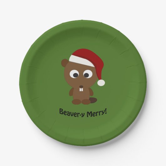 Funny Beaver-y Merry! Santa Beaver Pappteller (Vorderseite)