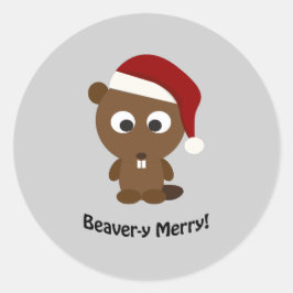 Funny Beaver-y Merry! Santa Beaver Runder Aufkleber