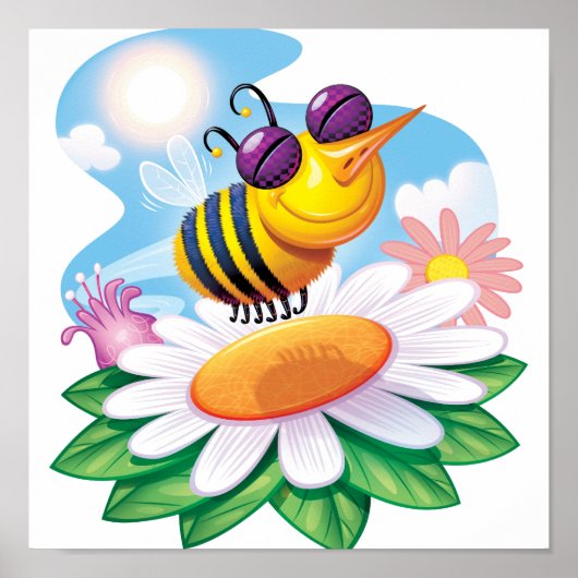 FUnny Bee Cartoon auf Daisy Poster (Vorne)