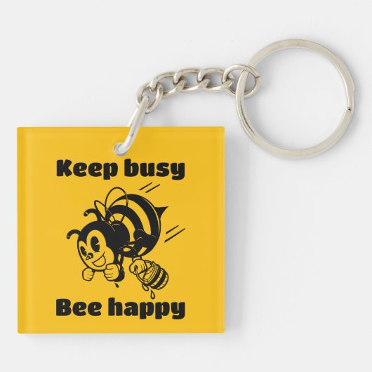 Funny Bee Keep Busy Bee Happy Motivational Cartoon Schlüsselanhänger (Rückseite)