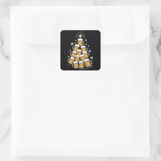Funny Beer Christmas Tree Holiday Drinking Quadratischer Aufkleber (Tasche)