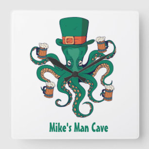 Funny Beer Octopus Your First Name Man Cave Quadratische Wanduhr