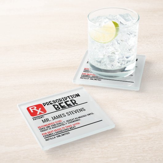 Funny Beer Prescript Personalisierter Name Glasuntersetzer (Schrägansicht)