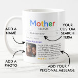 Funny Best Mother Suchergebnisse mit Foto Kaffeetasse<br><div class="desc">Der lustige Schlamm für Mütter mit dem Logo "Muttersuche" und einem Suchergebnis für Singles nach "Beste Mutter (Mutter oder Mutter, Mutter, etc.) je" mit dem Namen Ihrer Mutter, einem Foto, Ihrer persönlichen Nachricht und einer 5-Sterne-Bewertung. Wenn Sie Hilfe bei der Anpassung benötigen, schreiben Sie mir bitte den unten stehenden Button...</div>