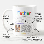 Funny Best Vater Suchergebnisse mit Foto Kaffeetasse<br><div class="desc">Ein lustiger Schlamm für Väter mit einem "Vatersuche"-Logo und einem Suchergebnis für Single nach "Bester Vater (Papa oder Papa, etc.) je" mit dem Namen Ihres Vaters, einem Foto, Ihrer persönlichen Nachricht und einer 5-Sterne-Bewertung. Wenn Sie Hilfe bei der Anpassung benötigen, schreiben Sie mir bitte den unten stehenden Button und ich...</div>