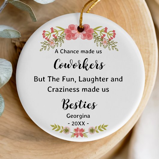 Funny bestie coworker floral wreath personalized keramik ornament