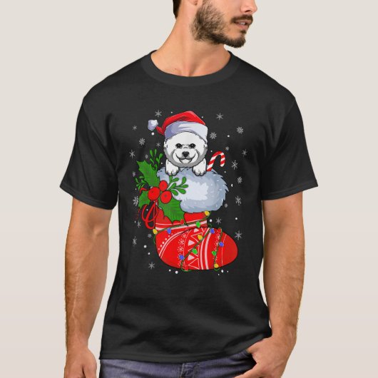 Funny Bichon Frise Hund in Weihnachtssocken Lights T-Shirt (Vorderseite)