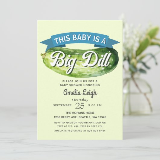 Funny Big Dill Pickle Boy Baby Dusche Einladung (Stehend Vorderseite)