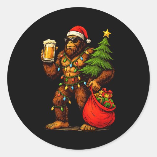 Funny Big Foot Santa Hat Drink Christmas Tree Xmas Runder Aufkleber (Vorderseite)