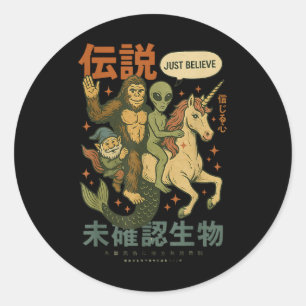 Funny Bigfoot Alien Unicorn Japanisch Kunst Mythis Runder Aufkleber