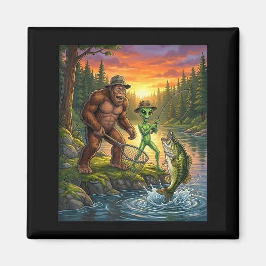 Funny Bigfoot Fishing Mens Alien Sasquatch Fishing Magnet (Vorne)