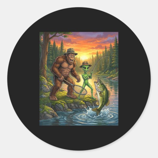 Funny Bigfoot Fishing Mens Alien Sasquatch Fishing Runder Aufkleber (Vorderseite)