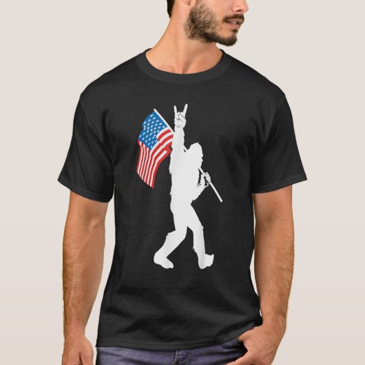 Funny Bigfoot Rock and Roll USA Flag für Sasquatch T-Shirt (Vorderseite)