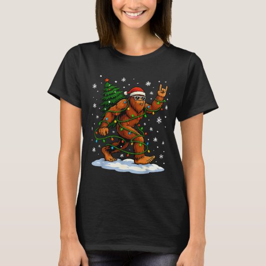 Funny Bigfoot Rock On Christmas Lights Snow Holida T-Shirt (Vorderseite)
