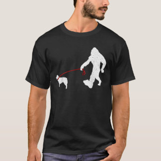 Funny Bigfoot Walking With Australian Shepherd Dog T-Shirt