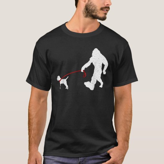Funny Bigfoot Walking With Border Terrier Dog Gift T-Shirt (Vorderseite)