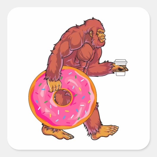 Funny Bigfoot Wandern mit großer Donut und Kaffee Quadratischer Aufkleber (Vorderseite)