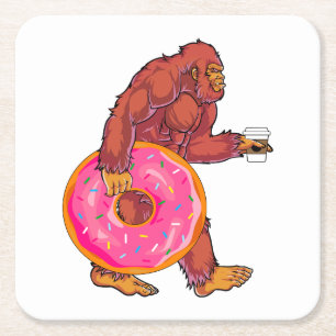 Funny Bigfoot Wandern mit großer Donut und Kaffee Rechteckiger Pappuntersetzer