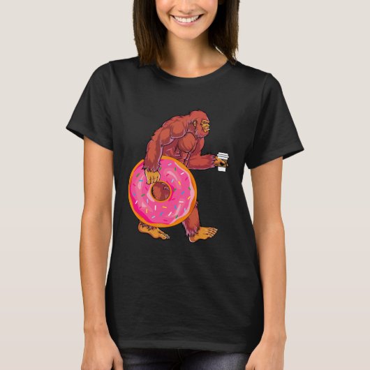 Funny Bigfoot Wandern mit großer Donut und Kaffee T-Shirt (Vorderseite)