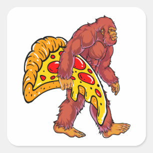 Funny Bigfoot Wandern mit großer Pizza Slice Quadratischer Aufkleber