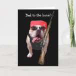 Funny Biker/Nonkonformist Bull Dog Birthday Karte<br><div class="desc">Funny Bull Hund in einem roten Bandana, schwarze Lederweste, und Sonnenbrille, mit einem Gewehr, auf der Vorderseite. Sie können alle Texte anpassen, ändern Sie den Schriftart, Schriftart Größe und Farbe. Innerhalb des "Happy Birthday"-Textes ist der Text getrennt, sodass er größer sein kann. Dieser Hund stammt aus Bildern von der Öffentlichkeit....</div>