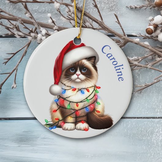 Funny Birman Cat Wrackte in Weihnachtslicht Keramik Ornament