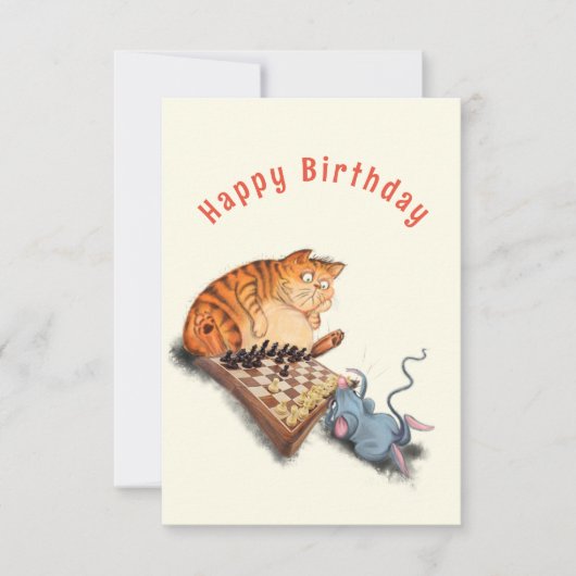 Funny Birthday Card Cat and Mouse Playing Schach Karte (Vorderseite)