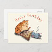 Funny Birthday Card Cat and Mouse Playing Schach Postkarte (Vorne/Hinten)