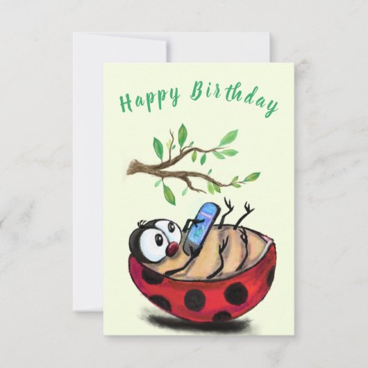 Funny Birthday Card Happy Ladybug mit Telefon (Vorderseite)