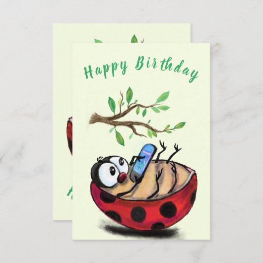 Funny Birthday Card Happy Ladybug mit Telefon (Vorne/Hinten)