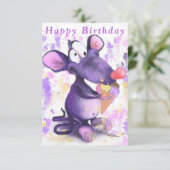 Funny Birthday Card Happy Mouse Eat Ice Cream (Stehend Vorderseite)