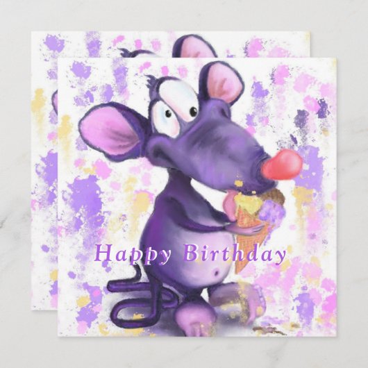 Funny Birthday Card Happy Mouse Eat Ice Cream (Vorne/Hinten)