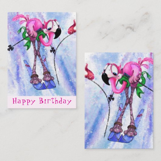 Funny Birthday Card mit rosa Flamingo Skier Mitteilungskarte (Vorne/Hinten)