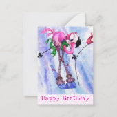 Funny Birthday Card mit rosa Flamingo Skier Mitteilungskarte (Vorderseite)